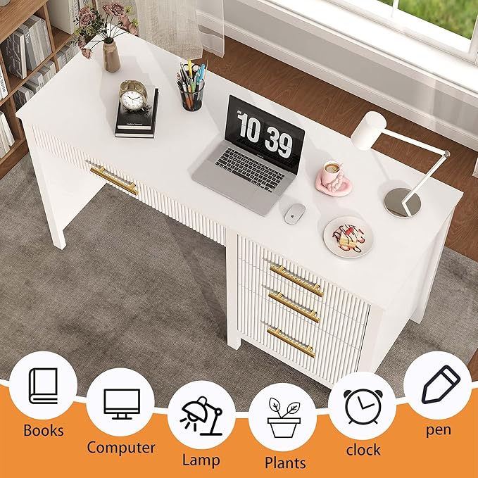 White Executive Desk with Drawers: 54 Wood Computer Desk with File Drawer Modern Home Office Desks with Storage Fluted Writing Desks for Working Studying (White 54)