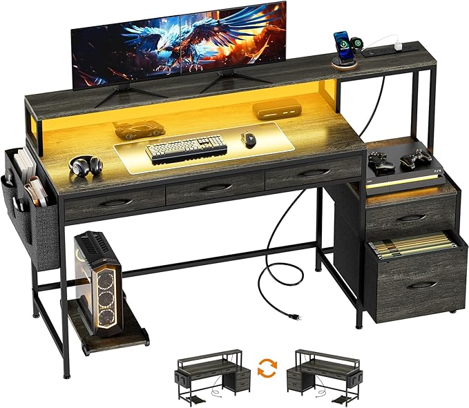 REAHOME 61 Inch Gaming Desk with Charging Station and LED Lights Reversible Computer Desk with Storage Drawer and Monitor Stand Modern Desk Table with File Cabinet &amp Side Pocket Grey Oak