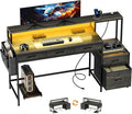 REAHOME 61 Inch Gaming Desk with Charging Station and LED Lights Reversible Computer Desk with Storage Drawer and Monitor Stand Modern Desk Table with File Cabinet &amp Side Pocket Grey Oak