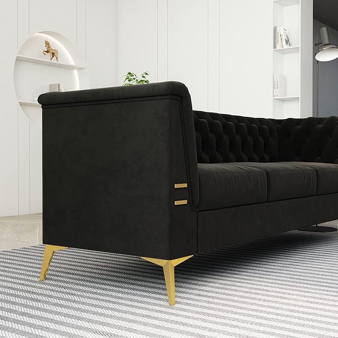 Tomkate 82 Black Velvet Chesterfield Sofa Mid-Century Modern Tufted 3-Seater Couch with Flared Arms Removable Cushions &amp Gold Metal Legs for Living Room (Black)