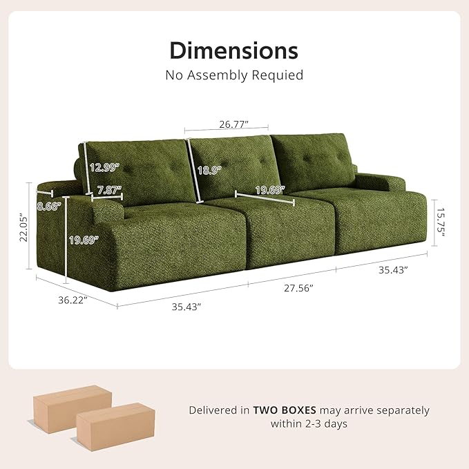98 Chenille Sofa 3 Seater Couch for Living Room Modular Green Couch Comfy Oversized Loveseat sectional Cloud couches for Living RoomBoneless couches