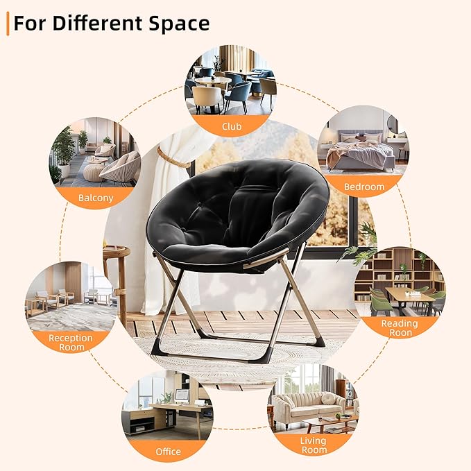 IDEALHOUSE Comfy Folding Padded Saucer Chair Folding Circle Chair with Metal Frame Soft Moon Chair for Bedroom Dorm Rooms Apartments Lounging Garden and Courtyard Black