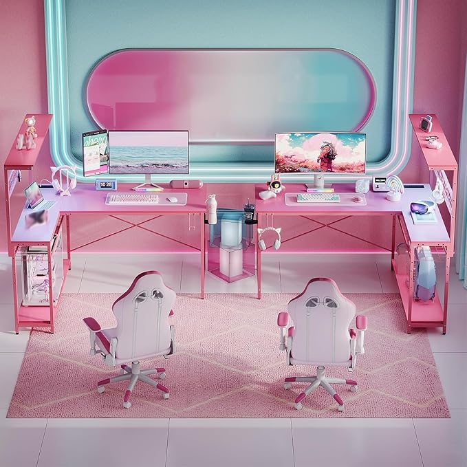 Bestier Gaming Desk 51 L-Shaped with Power Outlets &amp LED Lights- 4 Tier Shelves Reversible Gamer Table with Hooks &amp Cup Holder for Home Office Carbon Fiber Pink
