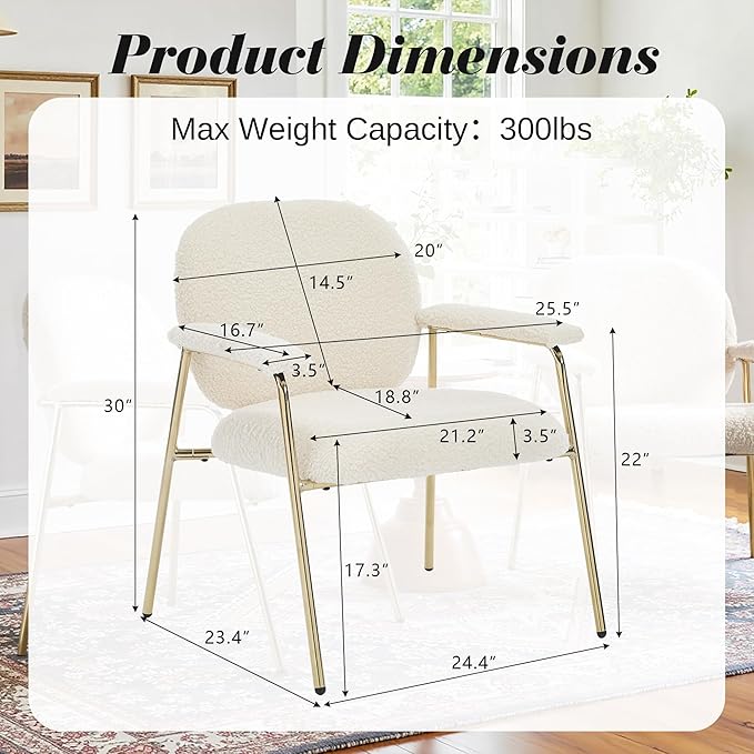 Accent Chair Set of 2 Sherpa Upholstered Armchair Reading Side Chair Comfy Living Room Chair with Gold Metal Legs for Bedroom Waiting Room Beige