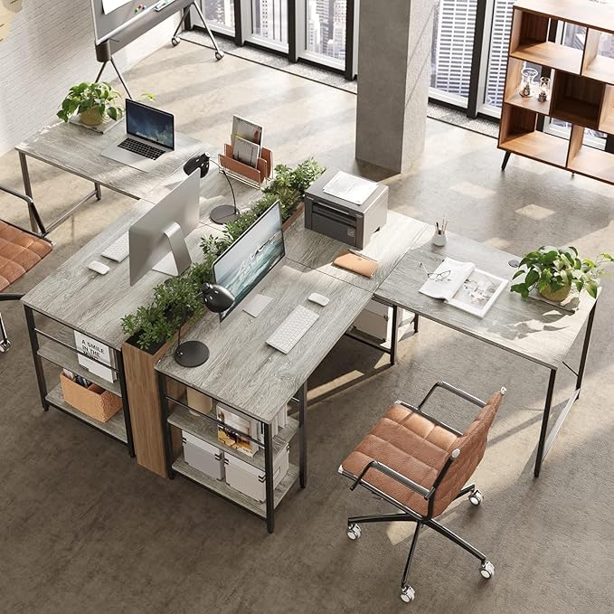 Bestier L Shaped Desk 95.2 Inch Reversible Corner Computer Desk with Shelves 2 Person Long Table for Home Office Large Writing Storage Workstation with 3 Cable Holes Rustic Brown Grey Oak