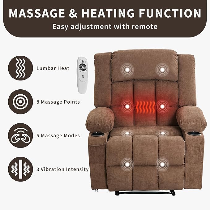 Massage Recliner Chair for Adults with Vibration Lumbar Heat Wide Large Ergonomic Reclining Sofa with 8 Massage Nodes 3 Positions Side Pockets Cup Holders