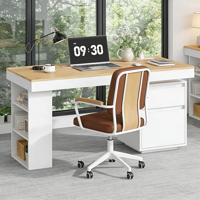 55'' Modern Executive Desk with Drawers Set of 2 Wooden Computer Desk with File Drawer and Charging Station 3-Tier Open Side Shelf for Home Office and Living Room Natural and White