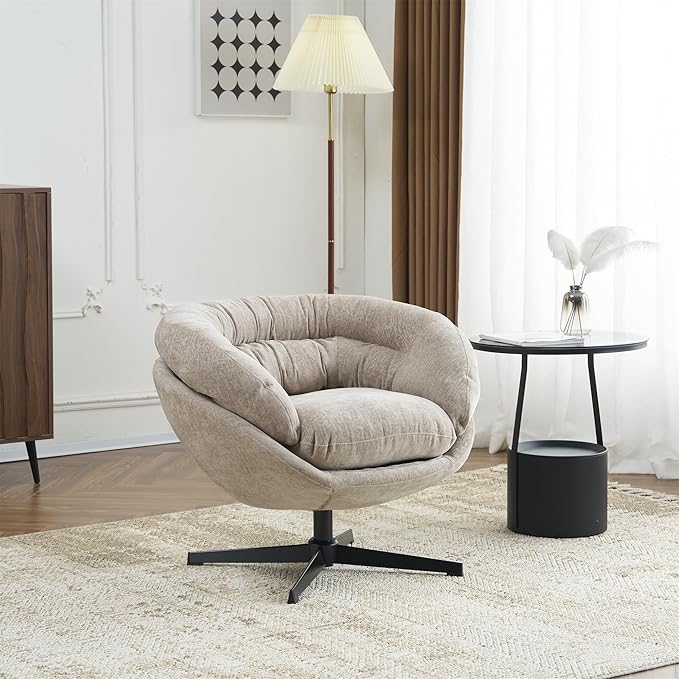 Upholstered 360° Swivel Club Chair/Accent Chair with Removable Cushion Round Office Chair with Black Metal Base Cotton Material Living Room Bedroom Reading Corner Office (Brown)