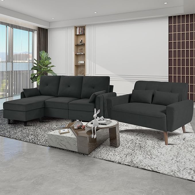 Convertible Sectional Couch Set 77 L Shaped Sofa with Ottoman and 48 Loveseat Modern Couches for Living Room Apartment and Office Black