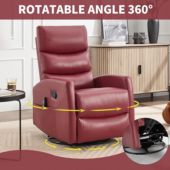 PELUMY 360° Swivel Rocker Recliner with Heat &amp Vibration Massage Glider Rocking Chair for Adults Compact Recliner for Living Room Small Spaces Nursery Bedroom (Breathable Leather Red)