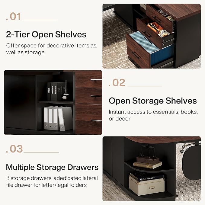 Tribesigns 81'' L-Shaped Executive Desk Large Modern Office Desk with Drawers and File Cabinet for Home or Business Workspace Computer Desk with Storage Shelves Walnut &amp Black