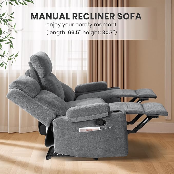 75'' Manual Reclining Sofa with Storage Drawer 3 Seat Wall Hugger Recliner Couch with Cup Holders Side Pockets Chenille Fabric Compact 3-Person Recliner for RV Living Room Apartment (Grey)