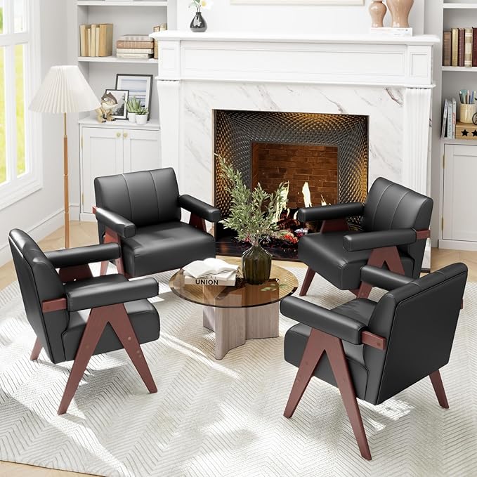 STHOUYN Black Leather Accent Chairs Mid Century Modern Chair Side Arm Chairs for Living Room Office Guest Waiting Room Chairs (1 Black)