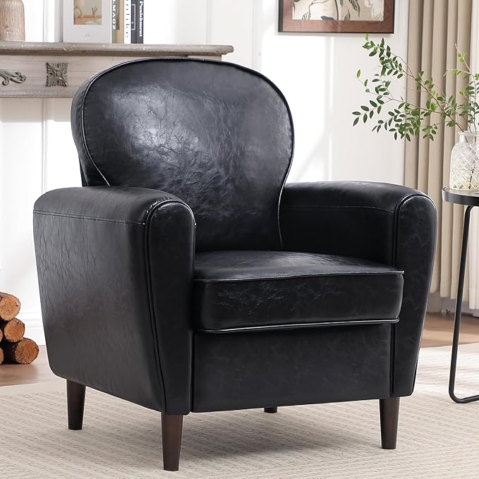Accent Chair Set of 2 Mid Century Modern Faux Leather Arm Chair with Thick Cushion and Back Comfy Upholstered Reading Chair Single Sofa Chair for Living Room Bedroom Club Black