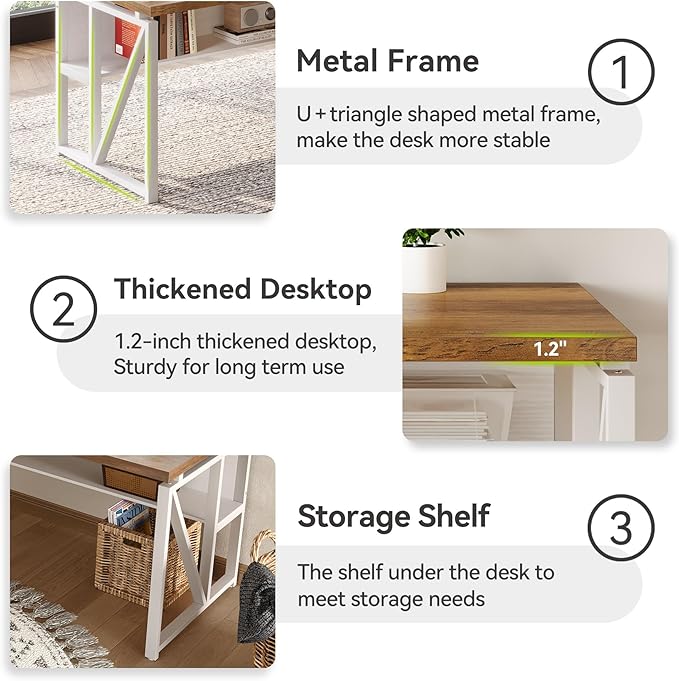 LITTLE TREE 63-Inch Executive Office Desk Large Computer Desk with Storage Shelf Executive Desk with Metal Frame Thickened Desktop Study Writing Desk Work Station for Home Office Rustic + White