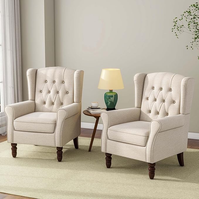 Accent Chair Upholstered Armchair with Button Tufted High Back &amp Solid Wood Legs Comfy Wingback Reading Single Sofa Chair for Small Spaces Living Room Bedroom (Beige Set of 2)