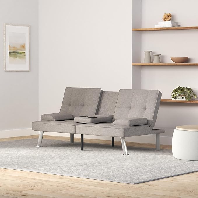Best Choice Products Linen Modern Folding Futon Reclining Sofa Bed for Apartment Dorm w/Removable Armrests 2 Cupholders - Light Gray