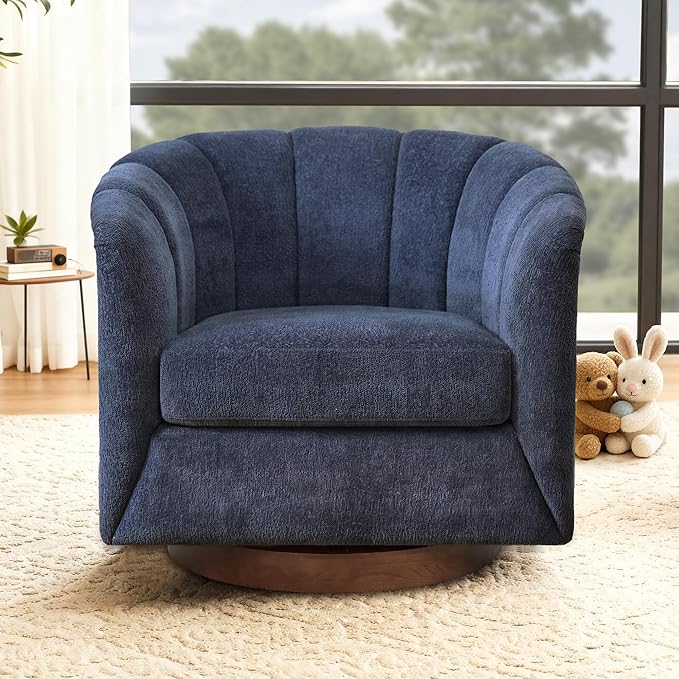 SITJOY Swivel Accent Chair Mid Century Modern Barrel Armchair with Solid Ash Wood Base Upholstered Chair for Living Room Bedroom Fabric in Navy