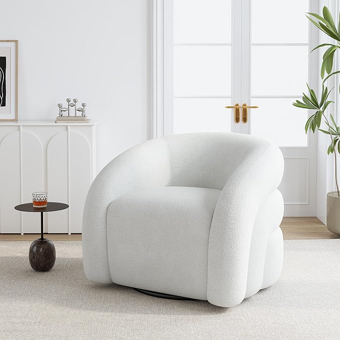 Boucle Swivel Accent Chair No Assembly Small Comfy Round Barrel Armchair for Living Room Bedroom Reading Waiting Room (White Set of 1)