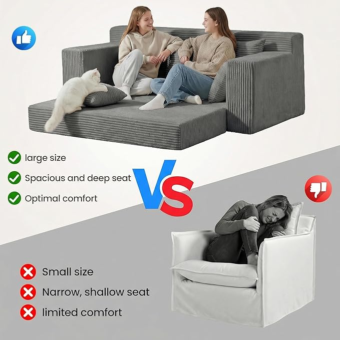 Convertible Sofa Bed 5 in 1 Small Boneless Couch Pull Out Loveseat Sleeper SofaCorduroy Futon Couch Folding Mattress with 4 Pillows for Living Room Bedroom Lounge (No Assembly)