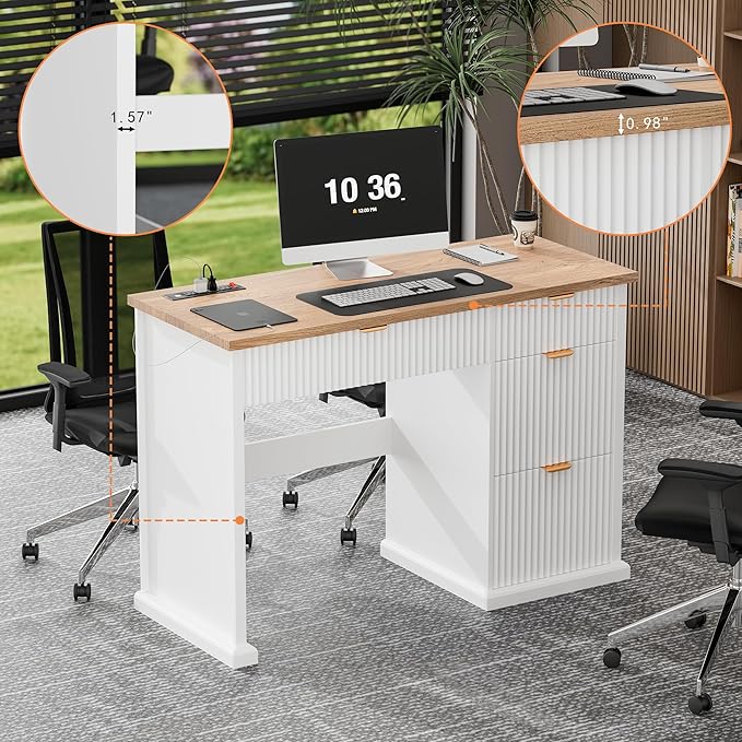 47 Farmhouse Executive Desk Home Office Desk with Drawers and Charging Station Wood Home Office Desk Fluted Computer Writing Desk for Study Living Room Bedroom