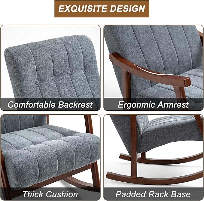 AVAWING Upholstered Rocking Chair with Fabric Padded Seat Comfortable Rocker Solid Wood for Living Room Modern High Back Armchair for Adult Dark Grey