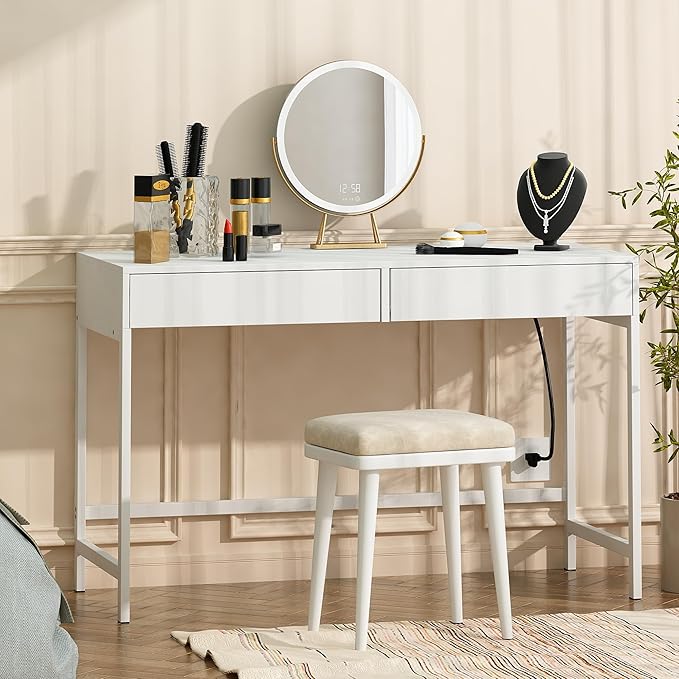 Treocho White Desk with USB Charging Ports and Power Outlets Modern Simple 47 inch Computer Desk with 2 Drawers Vanity Table Makeup Table for Home Office Bedroom