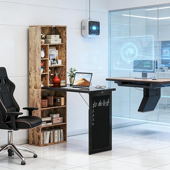 Folding Writing Desk with Storage Shelves Fold Out Convertible Wall Mounted Table with Blackboard Foldable Computer Murphy Desk for Small SpacesHome Office (Natural)