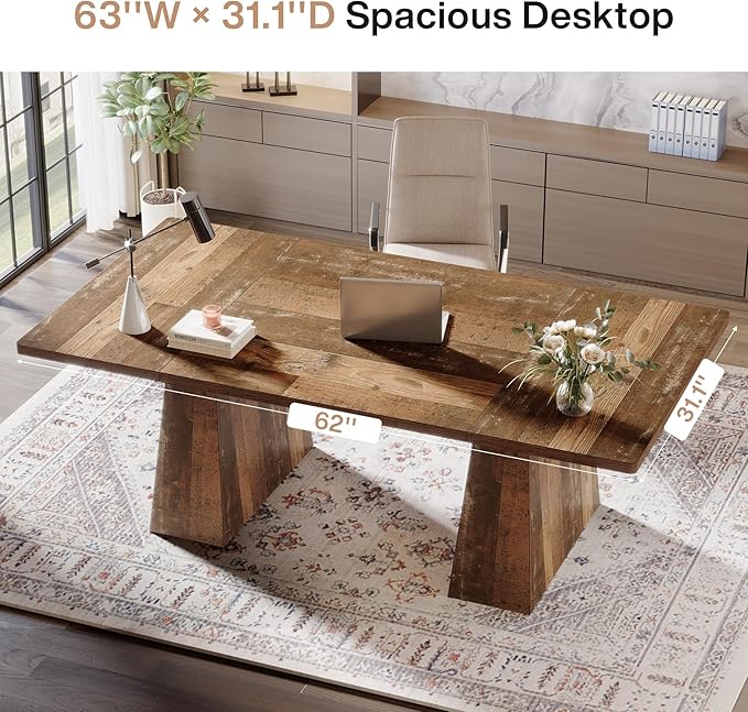 Tribesigns 63-Inch Executive Desk Modern Office Computer Desk with Sturdy Double Pedestal Large Study Writing Table Simple Workstations for Home Office Natural