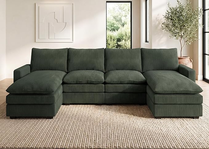 HONBAY 127.2 Inch Corduroy Cloud Modular Sectional Sofa with Chaise Deep Seat U-Shaped Couch with Storage for Living Room Apartment Small SpaceGreen