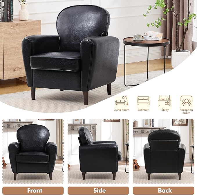 Accent Chair Set of 2 Mid Century Modern Faux Leather Arm Chair with Thick Cushion and Back Comfy Upholstered Reading Chair Single Sofa Chair for Living Room Bedroom Club Black
