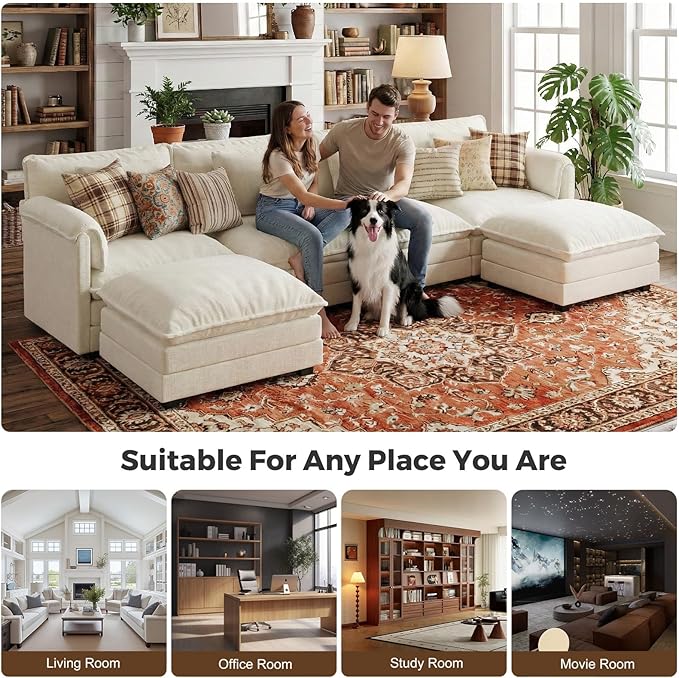 ELUCHANG 150'' Modular Sectional Cloud Couch Modern Comfy Chenille U Shaped Deep Seat Sofa for Living Room Upholstered 6-Seats Sofa Couch with Movable Ottoman Cream White | Convertible Easy to Ass