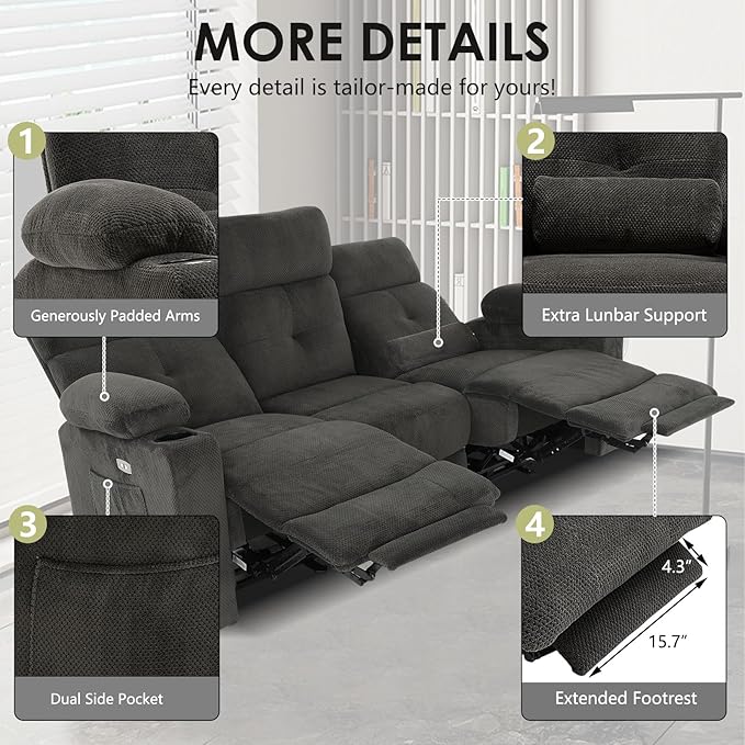 Power Reclining Sofa with Heat and Massage Electric Reclining Couch with Extended Footrest Wall Hugger Recliner Sofa 3 Seater with USB&ampType-c Ports for Living Room Bedroom(Grey)