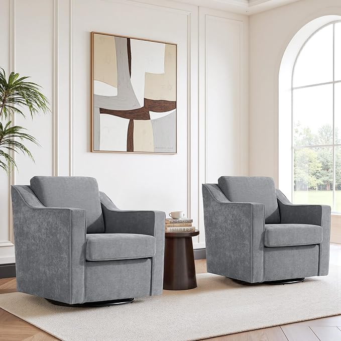 Swivel Accent Chair Modern Round Barrel Arm Chair for Living Room Bedroom Comfy Club Reading Chairs for Adults (Chenille Grey Set of 2)