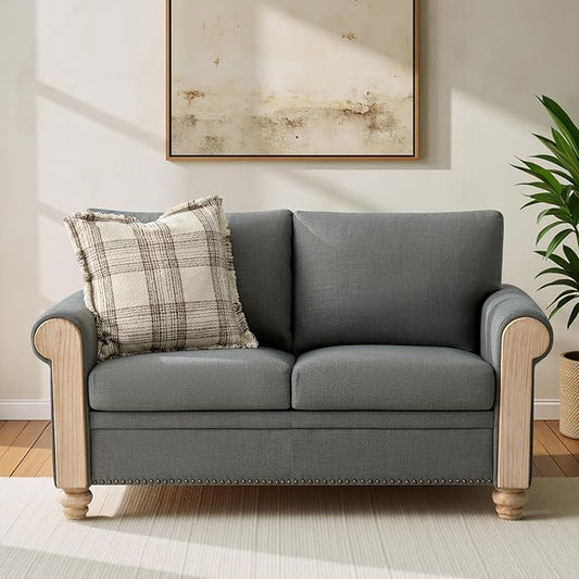 HULALA HOME 60 Farmhouse Loveseat Sofa with Solid Wood Spindle Legs 2 Seater Small Sofa with Rolled Wide Armrests Comfy Upholstered Loveseat Couch with Nailhead Trims Charcoal