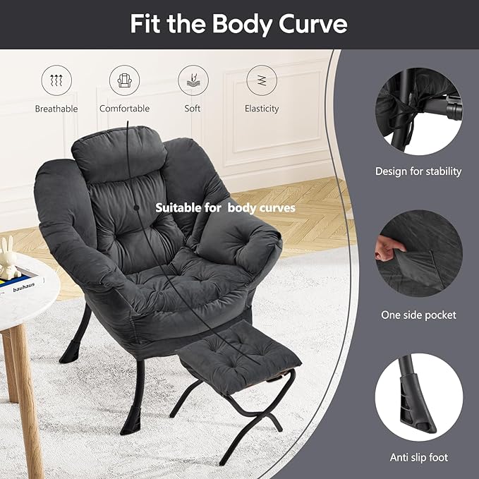 Lazy Chair with Folding Ottoman Modern Large Accent ChairContemporary Lounge Leisure Sofa Chair with Armrests Upholstered Sofa Armchair Reading Chair for BedroomDorm &amp Office (Dark Grey-f)