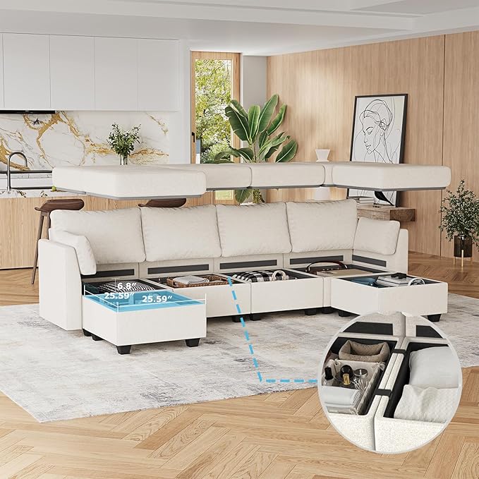 114.17 Modular Sectional Sofa 6 Seat Sectional Couches with Storage Memory Foam Convertible Modular Couch for Living Room U Shaped Comfy Modular Sofa with Chaise Beige
