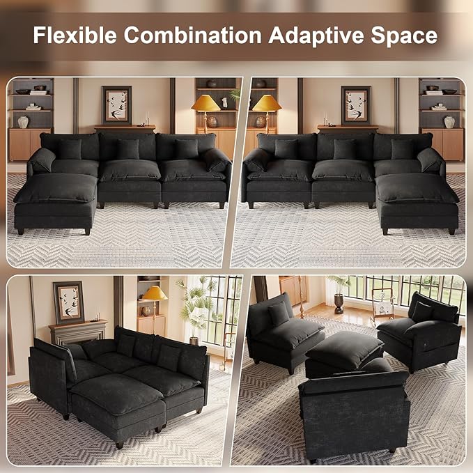 108“ Modular Sectional Sofa with Movable Ottoman Plush Double-Layer Cushion Cloud Couch with USB Charging Ports &amp Side Storage Pockets Chenille L Shaped Modern Sofa Couches for Living Room Blac