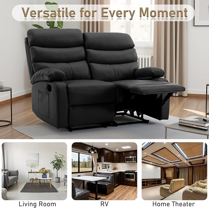 Faux Leather Reclining Loveseat Manual Double Love Seat Recliner RV Loveseat Recliner with Side Pockets for Living Room Home Theater Black