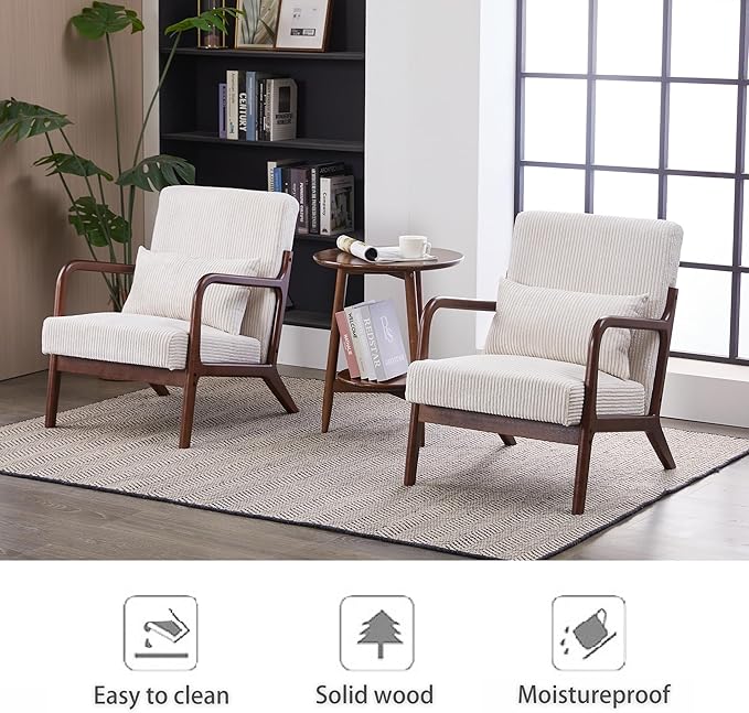 JOYBASE Mid Century Modern Accent Chair Lounge Reading Armchair with Wood Frame for Living Room Office Bedroom (Polyester Fabric Antique Beige)