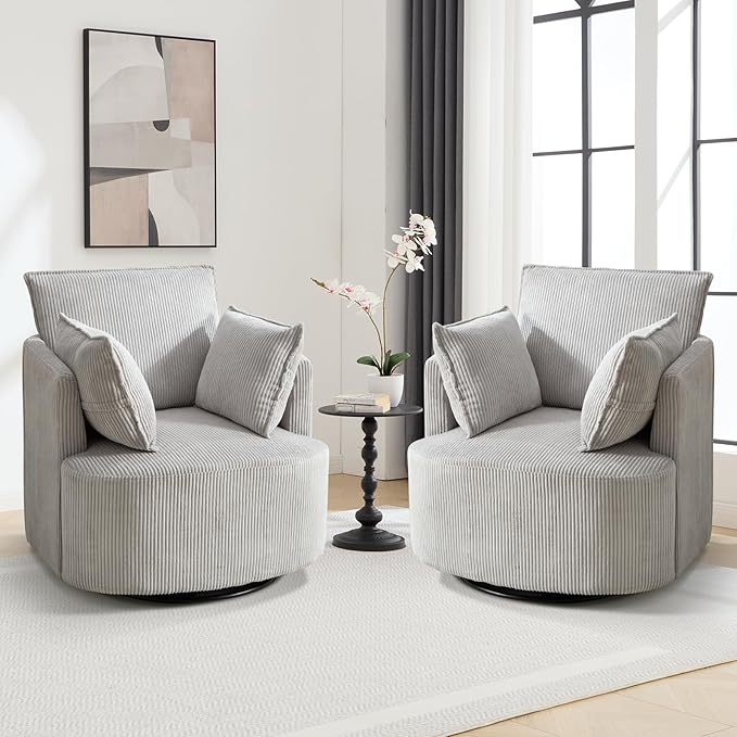 CANMOV Swivel Accent Chair Set of 2 360°Swivel Barrel Chair with 3 Pillows Comfy Corduroy Round Armchair Single Sofa Chair for Living Room Bedroom Reading Room Grey