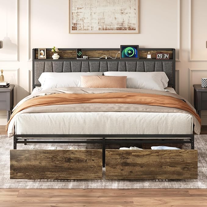 King Size Bed Frame with Storage Drawers and Charging Station Upholstered Headboard Metal Platform Bed with USB Ports No Box Spring Needed Easy Assembly Dark Brown