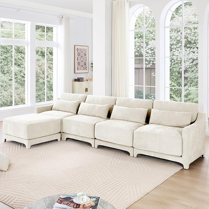 Modular Sectional Sofa Set Optional 2-4 Seater with Lumbar Pillows &amp 0-2 Ottomans Chenille Fabric Ergonomic Easy Assembly for Living Room/Bedroom/Reading Nook (4 Seat + 1 OttomanBeige)