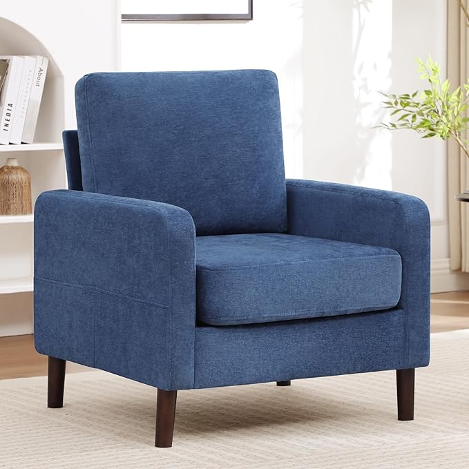 Accent Chair for Living Room Modern Reading Chair for Bedroom Upholstered Armchair with Wood Legs and Side Pockets Single Sofa Side Chair for Office Small Room Apartment Blue Black
