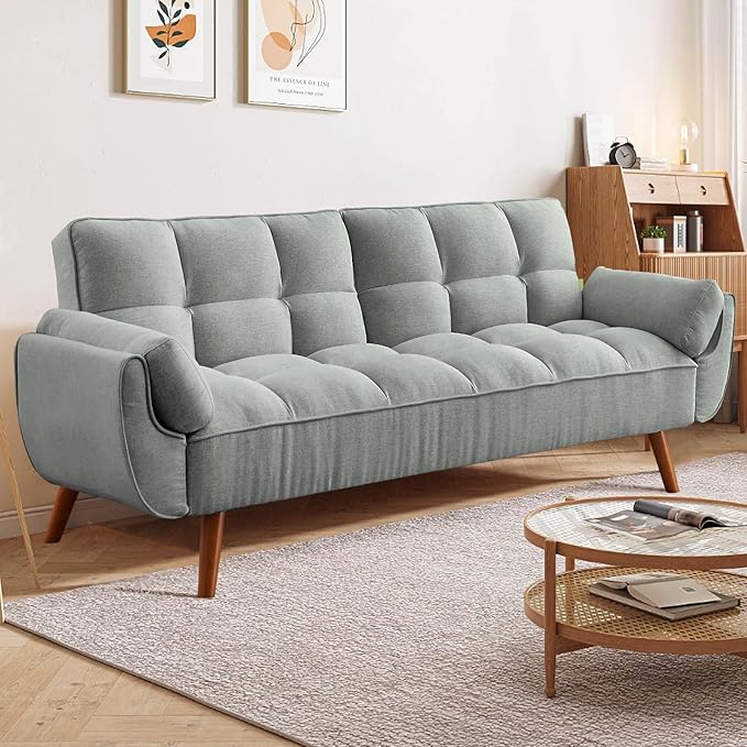 Convertible Futon Sofa Bed Sleeper Couch Bed with Adjustable Backrests Linen 3 Seater Small Couches for Small Spaces Living Room Bedroom(Gray 75)