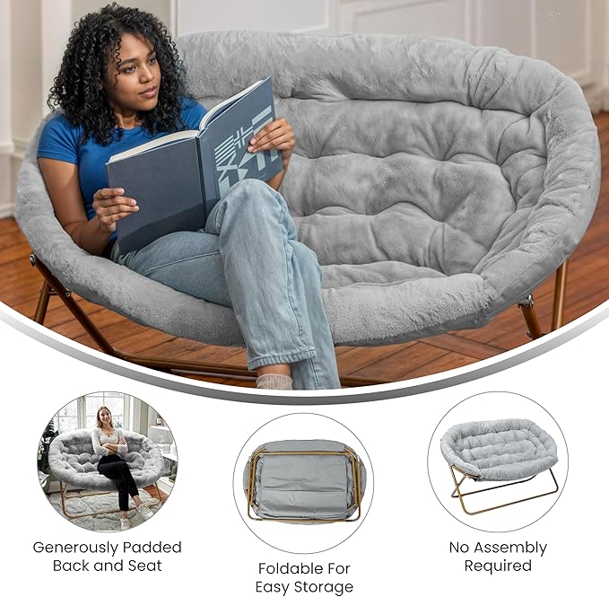 BizChair 56 Portable Folding Double Saucer Chair in Gray Faux Fur with a Soft Gold Steel Frame for Dorm Living Room or Bedroom