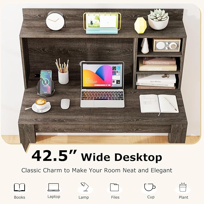 Tangkula Computer Desk with Hutch &amp Charging Station Home Office Writing Study Desk with Storage Shelves Cable Management Hole Laptop Desk Desk for Bedroom Computer Workstation (Gray Oak)