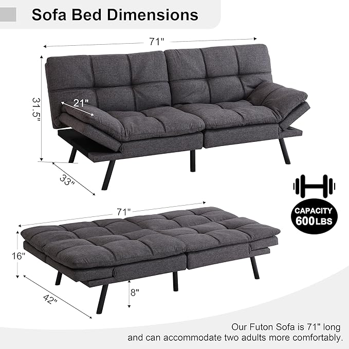 MUUEGM Futon Sofa Bed 71 Comfortable Memory Foam Futon Sofa with Adjustable Backrest &amp Armrests Convertible Loveseat Recliner Sleeper Sofa Bed for Compact Living Room Apartment Office Grey