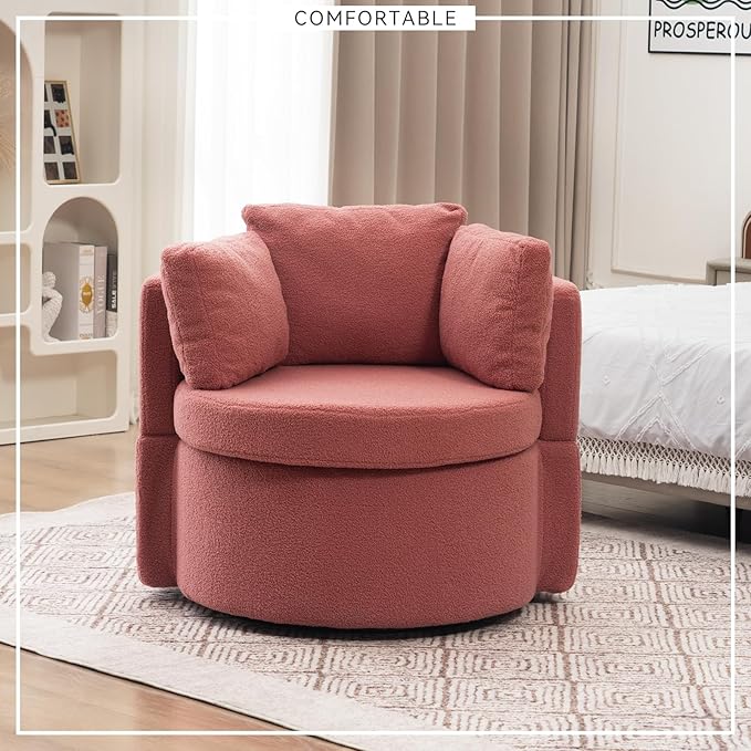 FOXHUNTER Swivel Barrel Chair 360 Degree Swivel Round Storage Chair with 3 Pillows Oversize Teddy Swivel Accent Chair Comfy Single Sofa Chair for Nursery Living Room Bedroom (Pink)