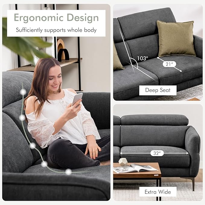 Giantex Sofa Couch and Accent Chairs Set Adjustable Headrest Comfortable Upholstery Cushion Easy Assembly 2-Seat Loveseat and Single Sofa for Living Room Reception Room Apartment Gray